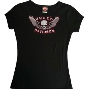 Harley Davidson Patriot Black Embroidered Skull Short Sleeve Shirt Women's M